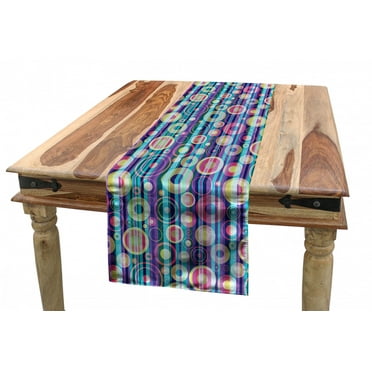 Abstract Table Runner, Vibrant Colored Composition with Vertical Stripes and Random Circles Party Fun, Dining Room Kitchen Rectangular Runner, 3 Sizes, by Ambesonne
