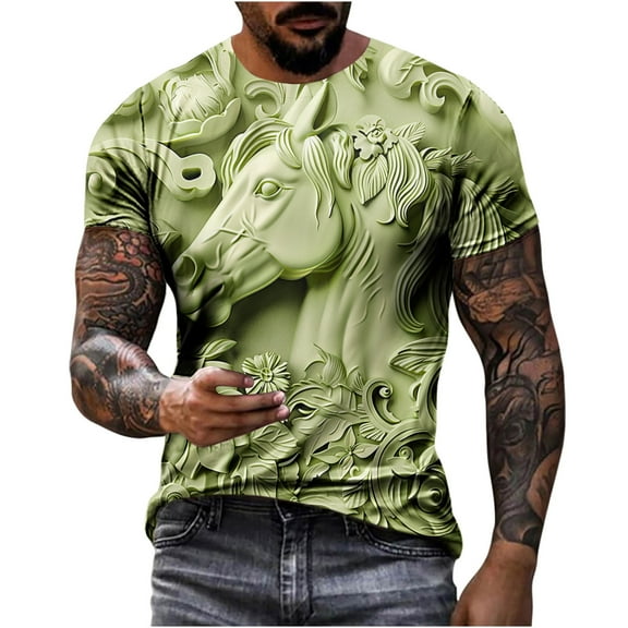 ZCFZJW Big and Tall Regular Fit Graphic T-Shirts for Men Vintage 3D Horse Pattern Print Summer Short Sleeve Round Neck Pullover Tops Trendy Outdoor Daily Vacation Tees Shirt Green XXXXXL
