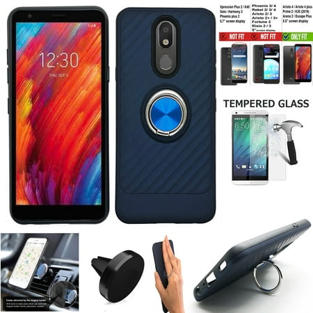 3in1 Accessories For LG Journey Case / Arena 2 Case / Escape Plus Case  /  K30 (2019) Shock absorbing Ring Holder-Stand Cover (Ring Navy Blue + Car Mount +Tempered (Best Car Accessories 2019)