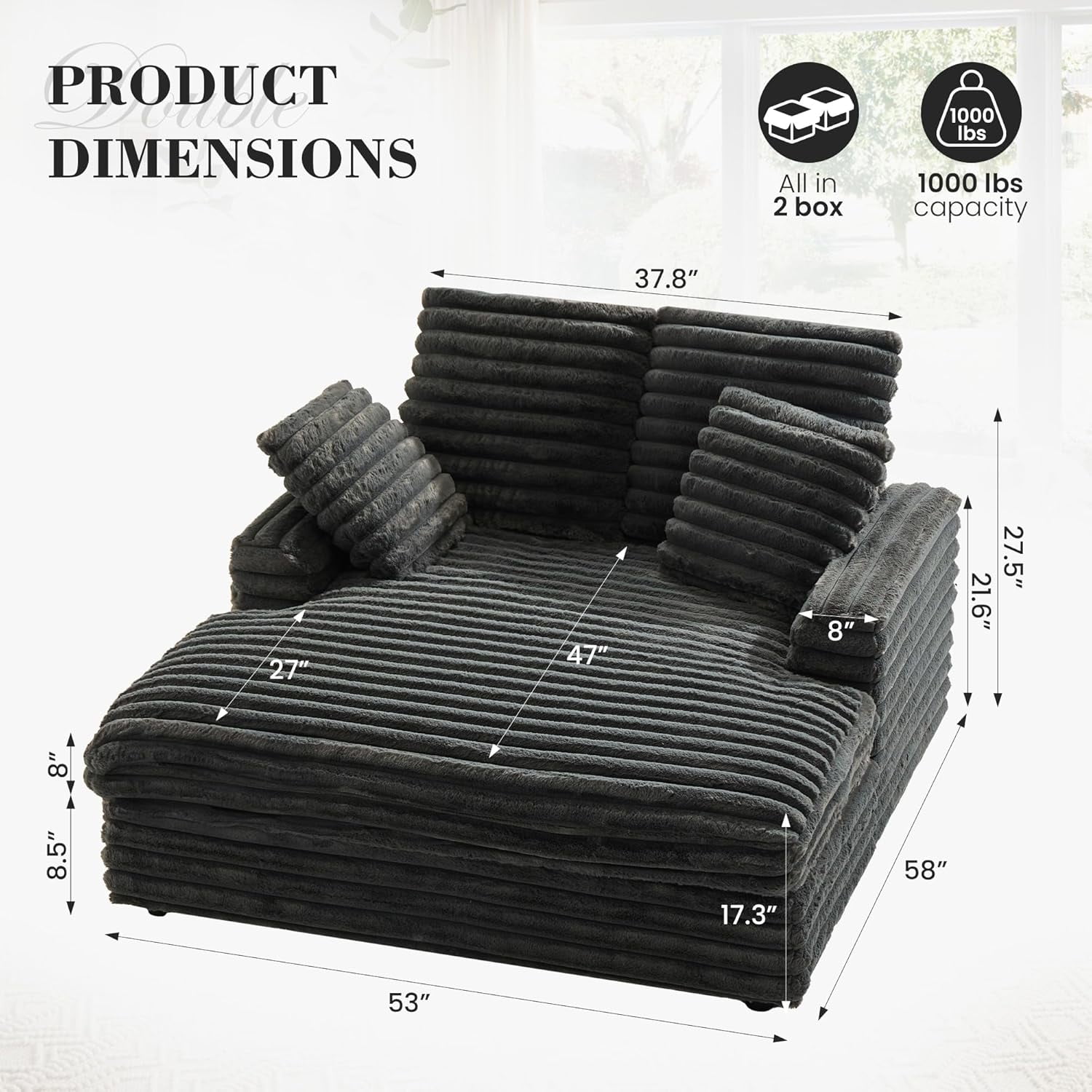 Oversized Chaise Lounge Chair Indoor, Upholstered Sofa Bed with Throw Pillows and Armrests, Sleeper Chair for Living Room, Bedroom