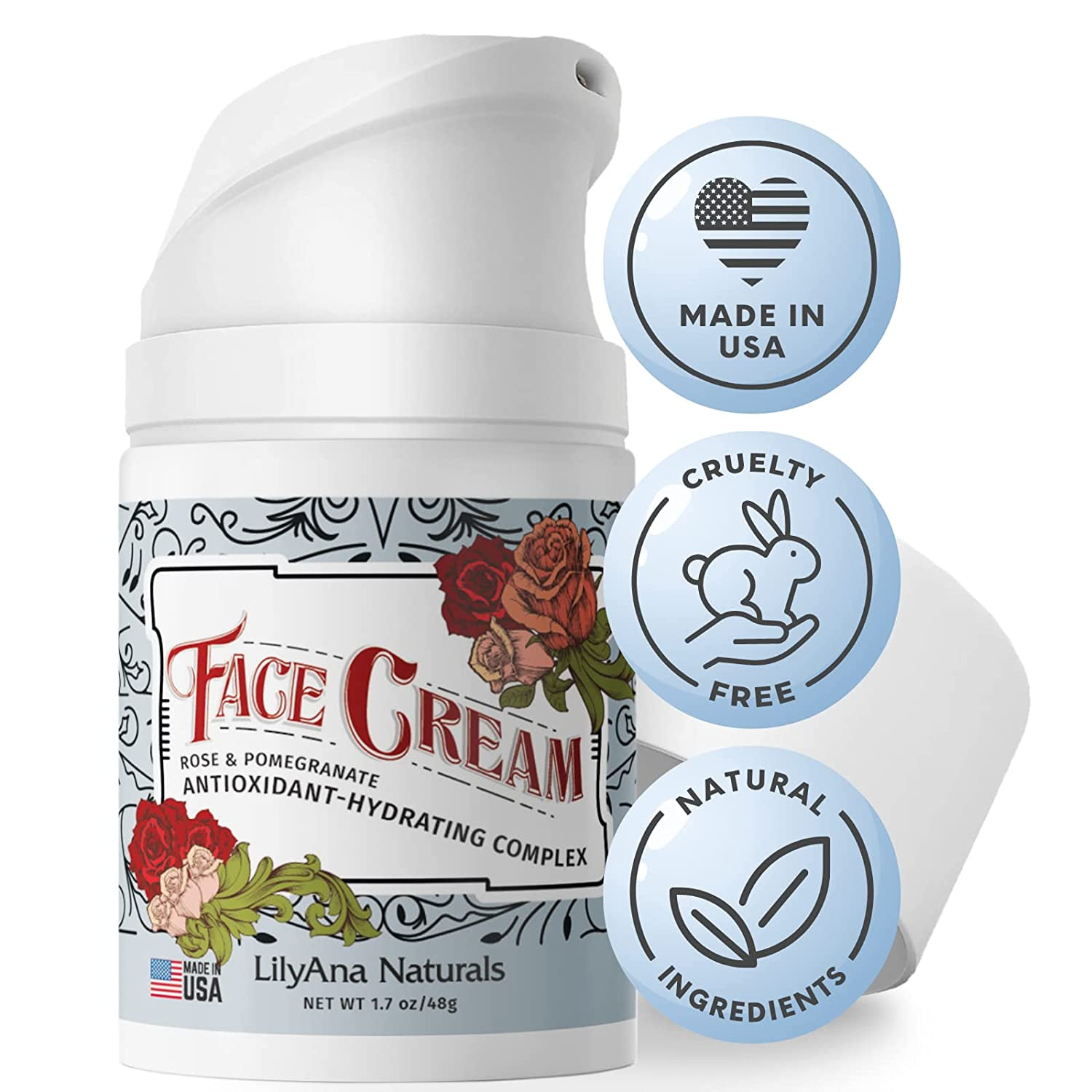 Lilyana Naturals, Face Cream Moisturizer for Women - Anti-Aging Wrinkle Cream for Face, Face Moisturizer For Dry Skin, Dark Spot Brightening, Rose and Pomegranate Extracts,100% Vegan -1.7oz