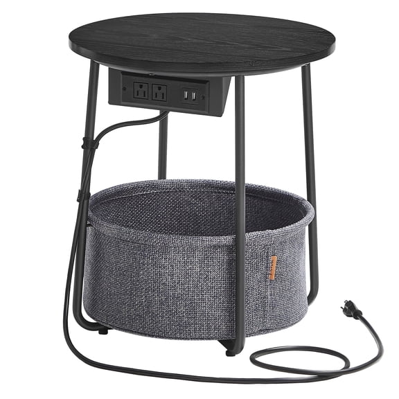 VASAGLE LILEA Collection - Side Table with Charging Station, Round End Table with Fabric Basket, Nightstand with USB Ports, for Living Room, Bedroom, Modern, Ebony Black and Slate Gray