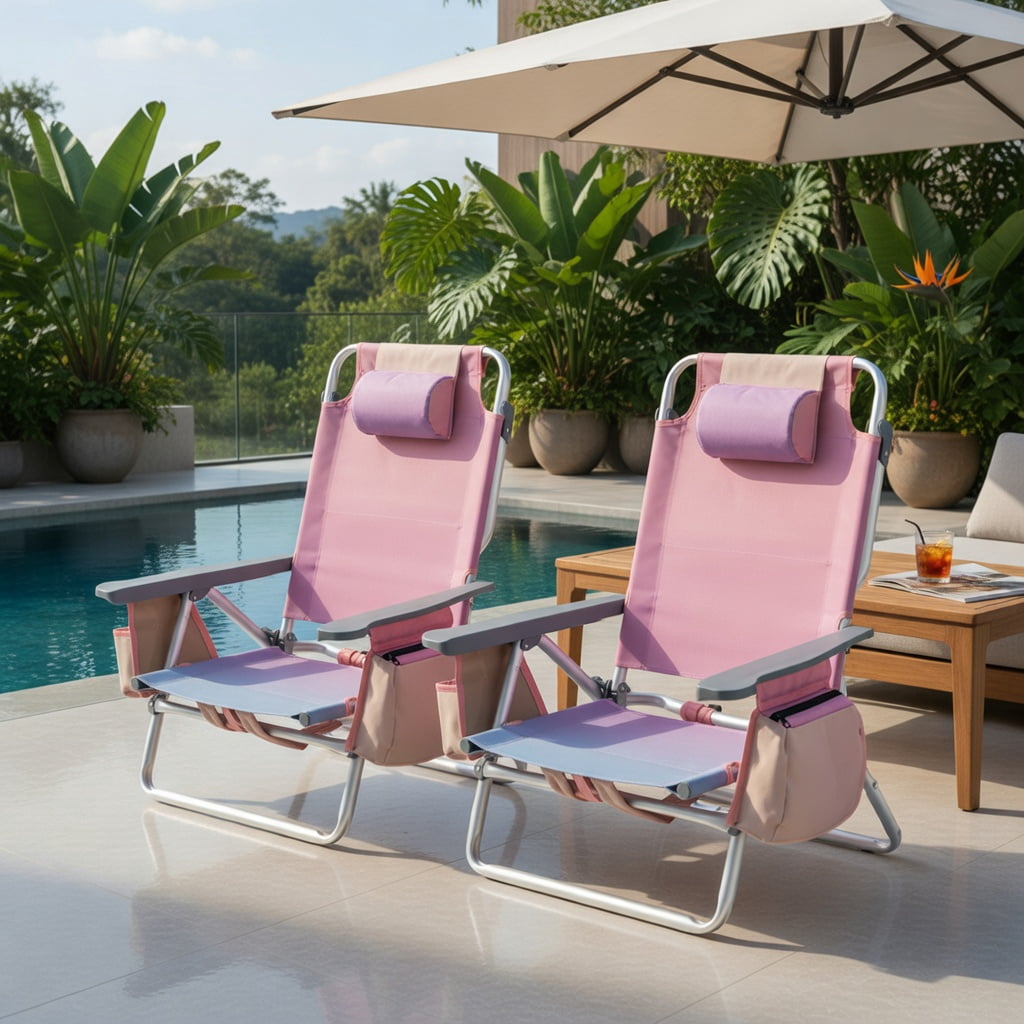 Hommoo 2-Pack Foldable Beach Chair with Adjustable Backrest, Pillow & Carry Bag, Pink