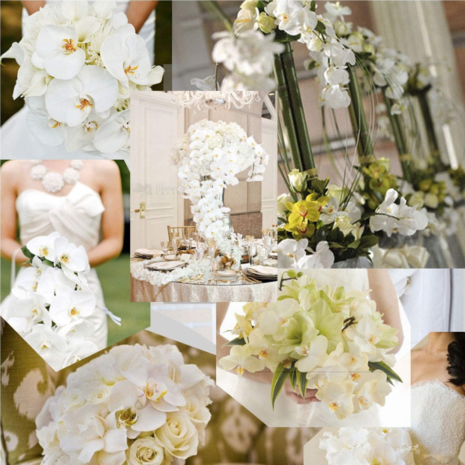 3Artificial Silk Phalaenopsis Flowers with Leaves Artificial Orchid Flowers Stem Plants in Fake Butterfly Phalaenopsis Flowers for Home Wedding Party Décor (White)