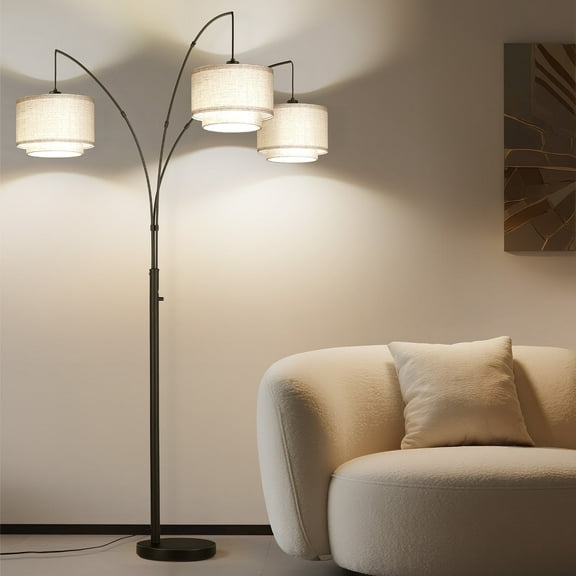 SUNMORY 3 Lights Tree Floor Lamp, 81.5" Tall Standing Lamp with Hanging Dual Drum Linen Shade, Modern Arc Floor Lamps with Heavy Base & 3 Bulbs, Mid Century Arched Floor Lamp for Living Room, Bedroom