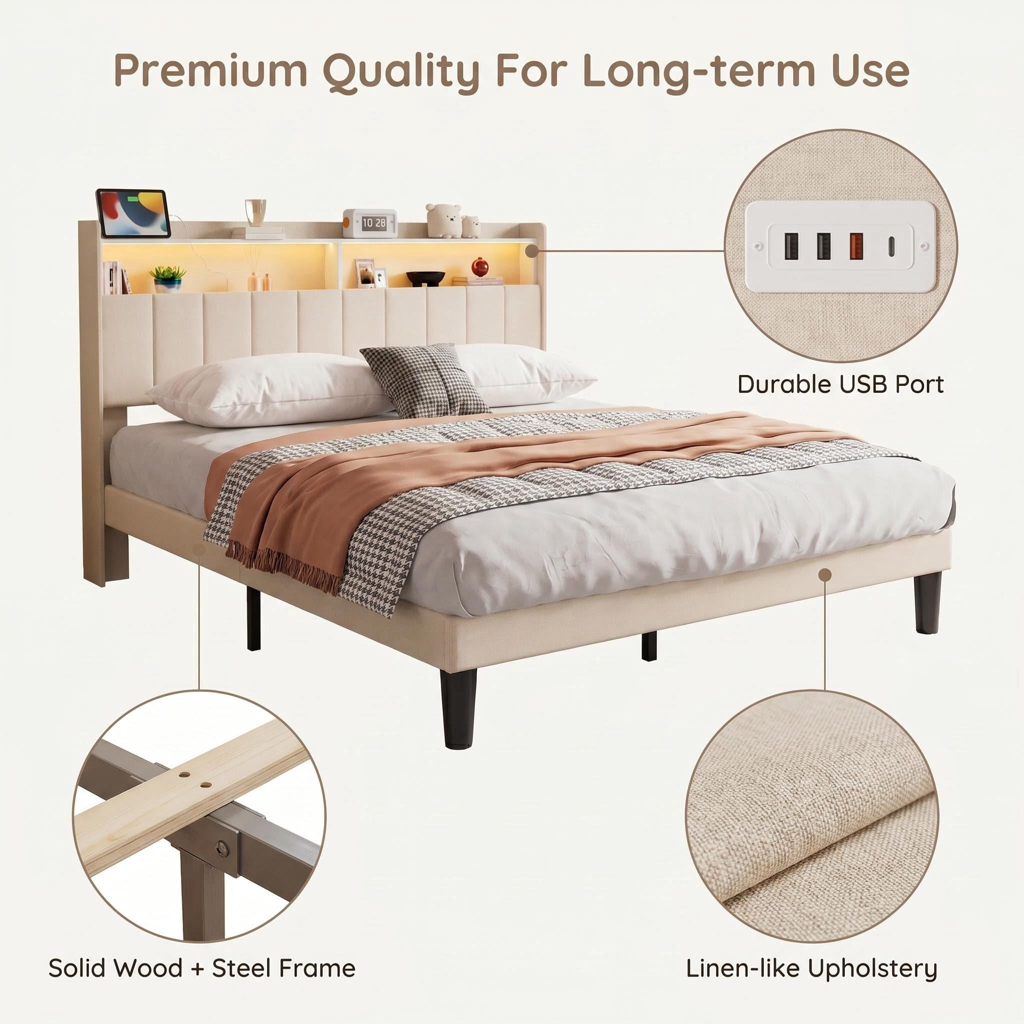 Bed Frame Queen Size , Lofka Queen Bed Frame with Storage & Headboard, USB/Type-C Charging, Smart RGB Lights, Noise Free, Easy Assembly,Beige