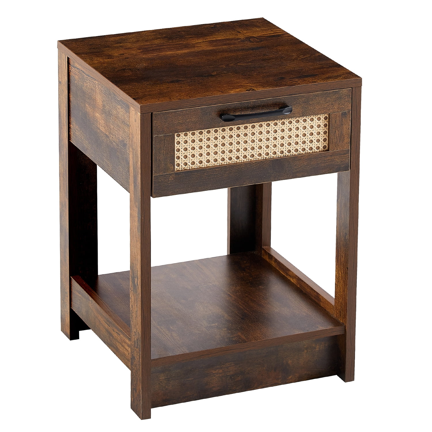Kepooman 15.75" Rattan Night Table, Versatile Nightstand Bedside Table with a Drawer and Shelf, Modern End Side Table for Bedroom, Rustic Brown