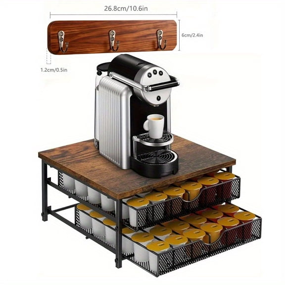 Brown Counter Coffee Pod Storage Drawer - K-Cup Holder with Sliding Basket, Coffee Station Organizer for Single-Serve Capsules, Space-Saving Kitchen Storage Box