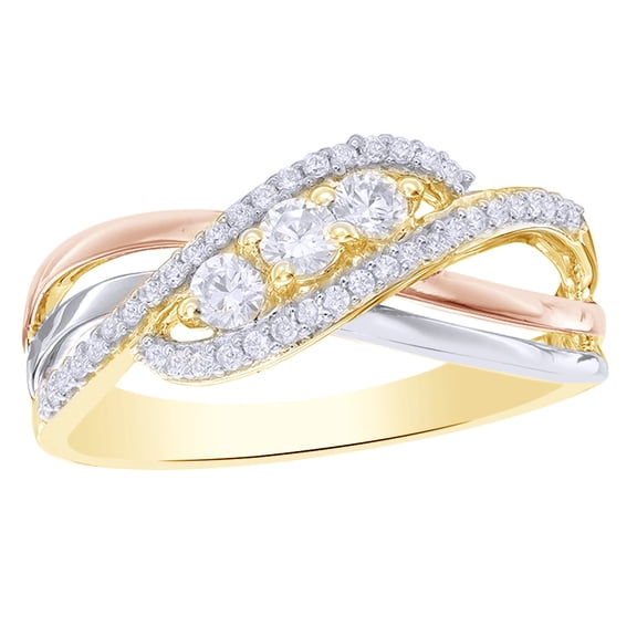 AFFY White Natural Diamond Slant Three Stonepass Swirl Engagement Ring in 10k Tri-Tone Solid Gold
