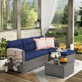 thumbnail image 4 of JOIVI 3 Pieces Patio Conversation Set, PE Wicker Rattan Outdoor Furniture Set, 2 Ways Small Sectional Sofa with Cushions, Tempered Glass Coffee Table, Navy Blue, 4 of 9