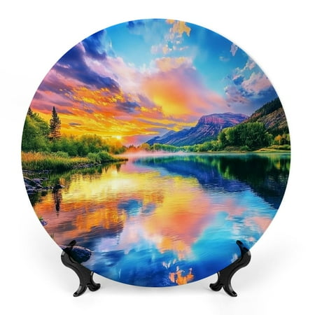 

FUMJ Lake Mountain Sunset Bone China Decorative Plate for Home Office Wall Decor Room Decoration with Adhesive Installation 10x10inch