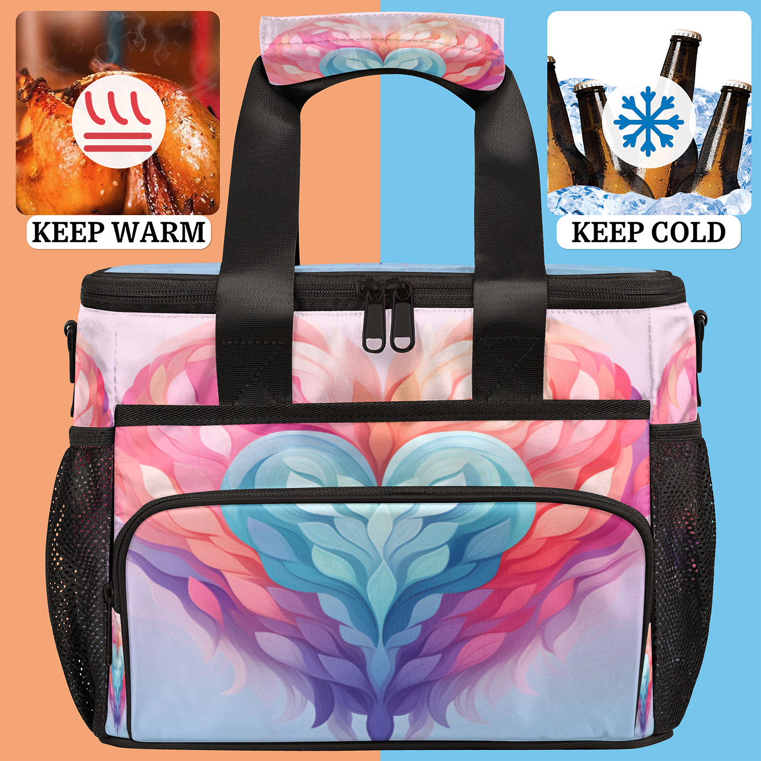 Herdesigns Heart Colorful Large Lunch Box for Adults Women Men with Adjustable Shoulder Strap, Insulated Reusable Lunch Bag Leakproof Cooler Tote Bag