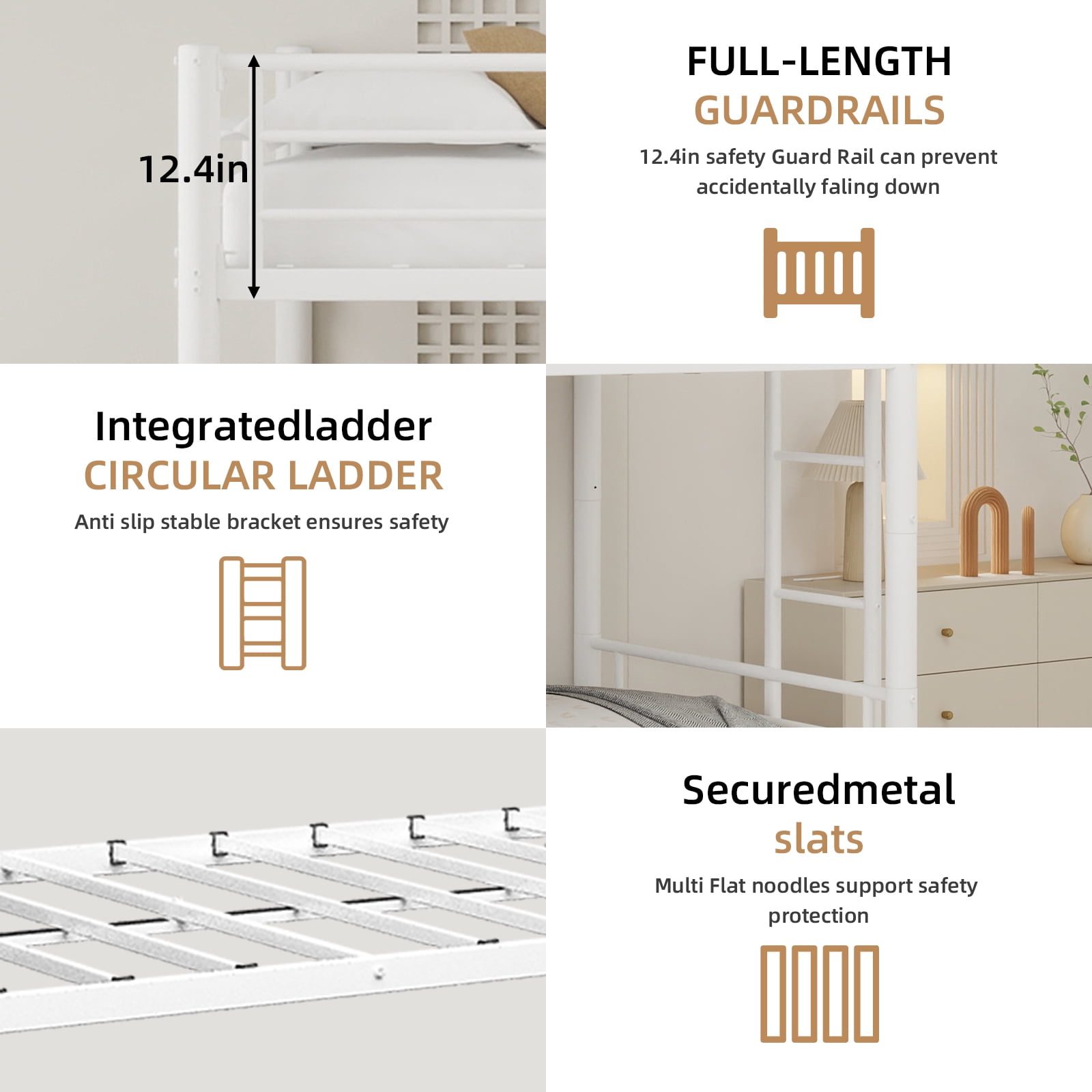 Alvantor Twin Bunk Bed with Trundle for Kids and Teens, Heavy Duty Metal Bed Frame, Triple Bunk Bed with Safety Rail Side White