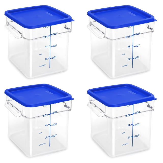 TSUBOR 4 Pack Food Storage Containers with Blue Lids, 8.0 Qt - Square, Clear, Polycarbonate, for Restaurant Commercial Kitchen and Home party