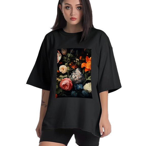 Plus Size Shirt for Women Black Tops for Women Short Sleeves Shirt for Women Flower Garden T Shirt Crewneck Shirt for Women XS