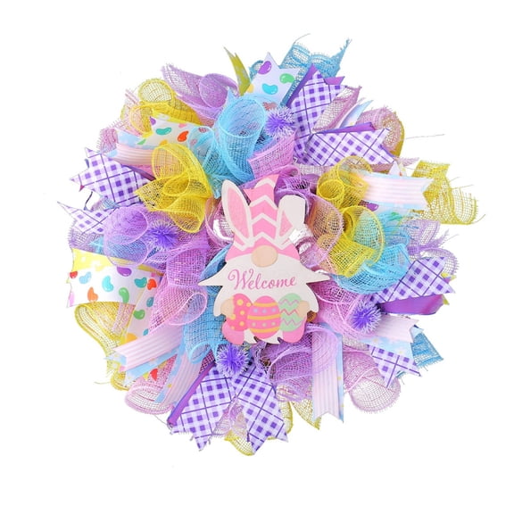 Easter Bunny Welcome Wreath with Colorful Ribbons and Mesh Perfect Spring Door Decoration for Home or Office