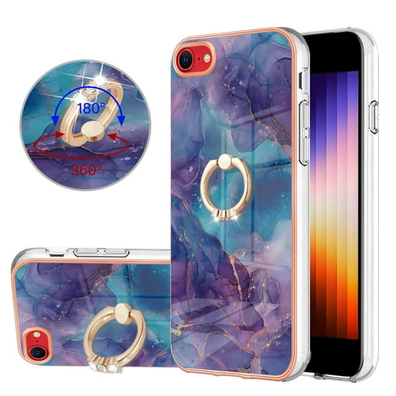 Compatible with iPhone SE 2022 Case, Fantastic Marble Patterned Phone Case Anti-Scratch Slim Hybrid Hard Plastic Bumper Soft Silicone TPU with Ring Kickstand Bumper Shockproof Cover,Purple