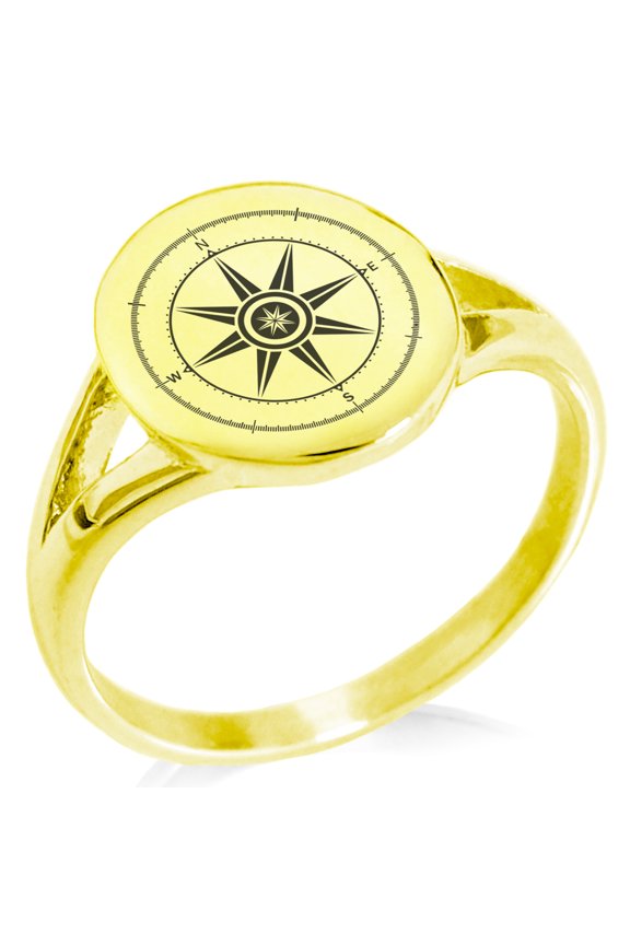 Stainless Steel Nautical Wind Compass Minimalist Oval Top Polished Statement Signet Ring