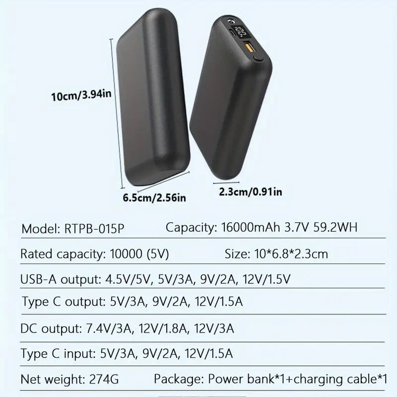 16000mAh Power Bank, Type-c/USB-A/DC 4.0mm Output , Portable Charger for Heated Jacket Heated Pants Heated Shoes&Phone, suitable for ORORO,1Pack