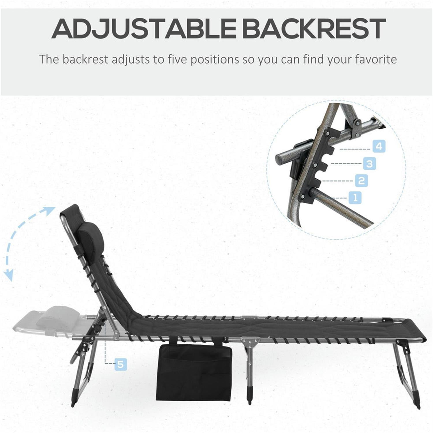 Demi Bonn Outdoor Padded Reclining Chaise Lounge, 6-Level Folding Beach Relaxation Chair with Headrest for Patio Pool Sunbathing, Black