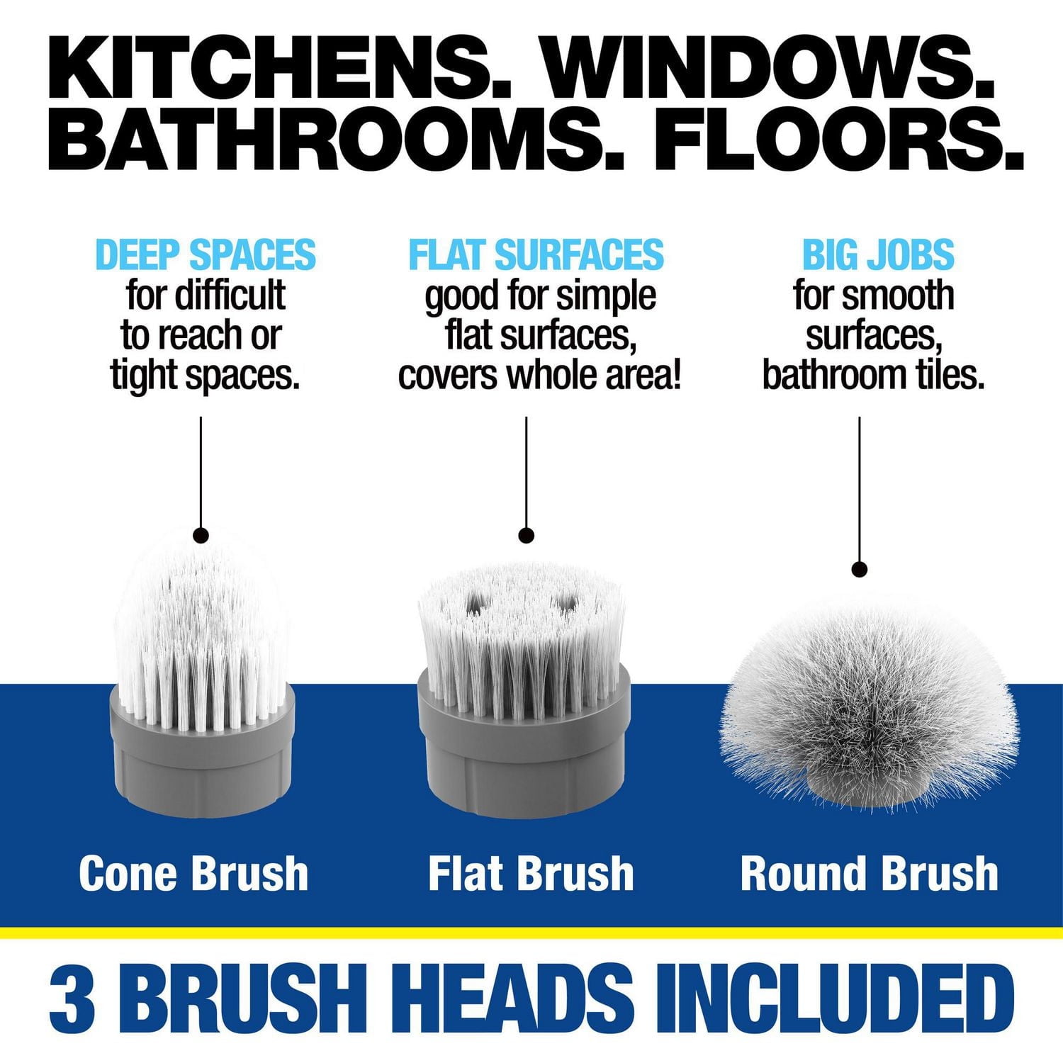 Bell + Howell Scrubtastic Rechargeable Power Scrubber with Extension Handle and 3 Brush Heads for Bathroom, Tile, and Kitchen Cleaning