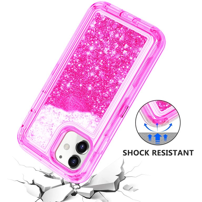 Kuteck for Apple iPhone 13 Pro 6.1 inch Tough Defender Sparkling Liquid Glitter Heart Case Cover Pink/Purple