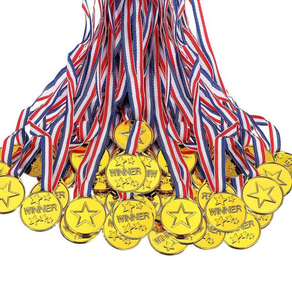 100-Pack Gold Winner Medals – Kids Plastic Award Ribbons, Party Decor, Sports Ceremony Prizes