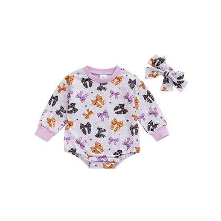 

Suealasg Newborn Baby Girls Halloween Outfit Long Sleeve Bow Pumpkin Print Romper Bodysuits Jumpsuits +Hairband 3 6 12 18 Months Infant Girls Fall Winter Clothes