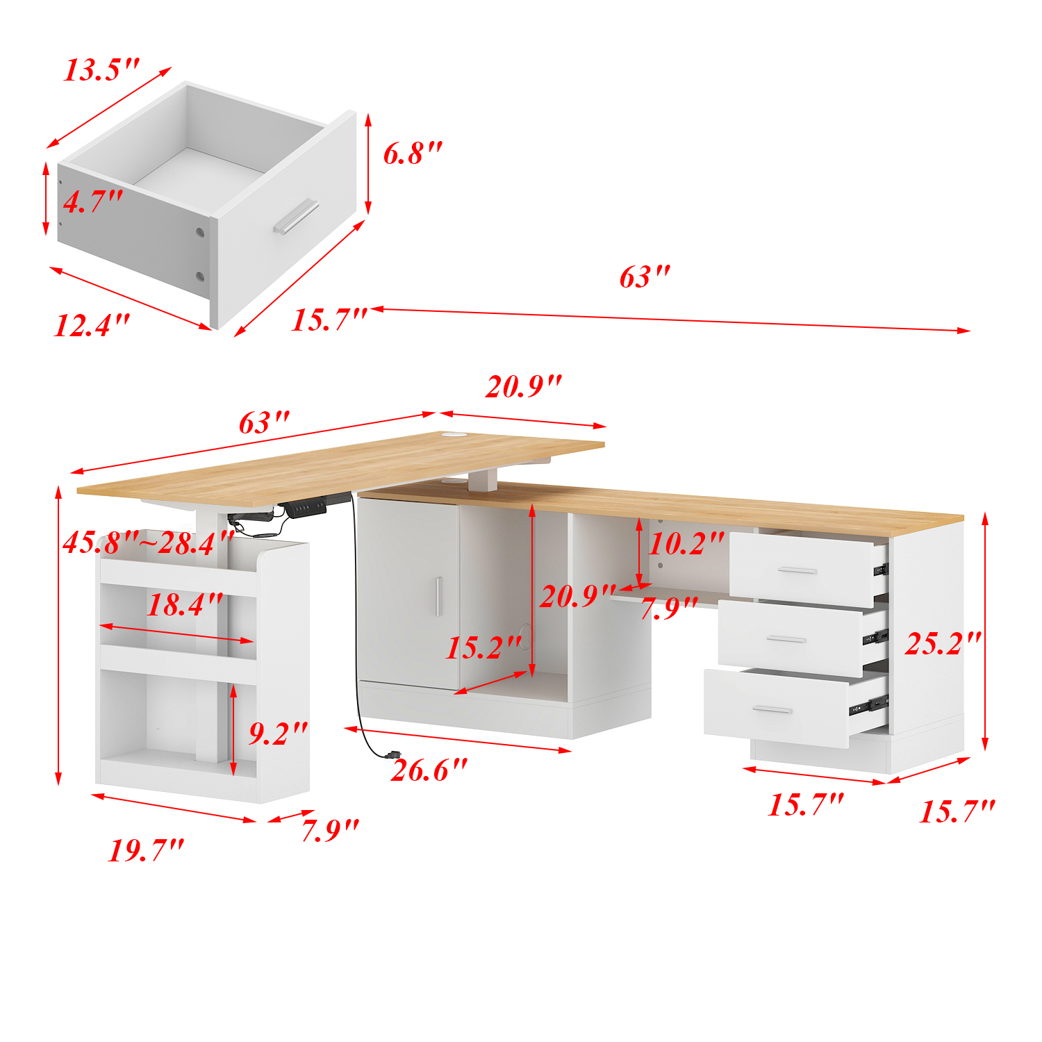 KULAGAGA Electric Standing Desk with Drawers and Shelves, Executive Adjustable Height Desk, L-Shaped Design, 63 inch Tabletop, for Office Deep Oak & White