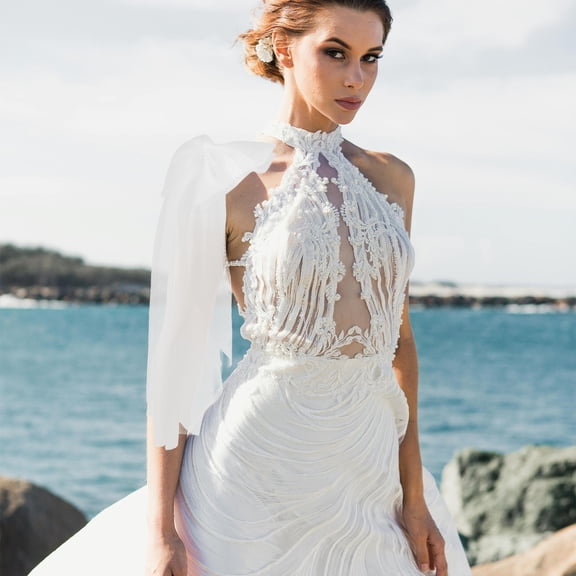 SEWCHICS Elegant White Bridal Shawl with Decorative Bow, Lightweight Polyester Shoulder Wrap for Weddings, Formal Events, and Special Occasions