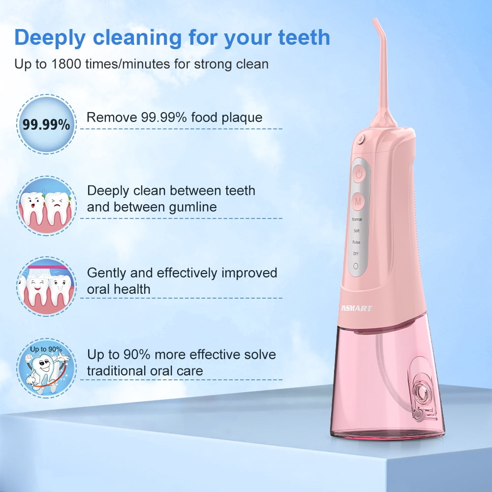 INSMART 300ML Cordless Water Flosser Dental Teeth Cleaner,DIY Mode USB Rechargeable Dental Oral Irrigator for Home and Travel, IPX7 Waterproof 4 Modes Irrigate for Oral Care