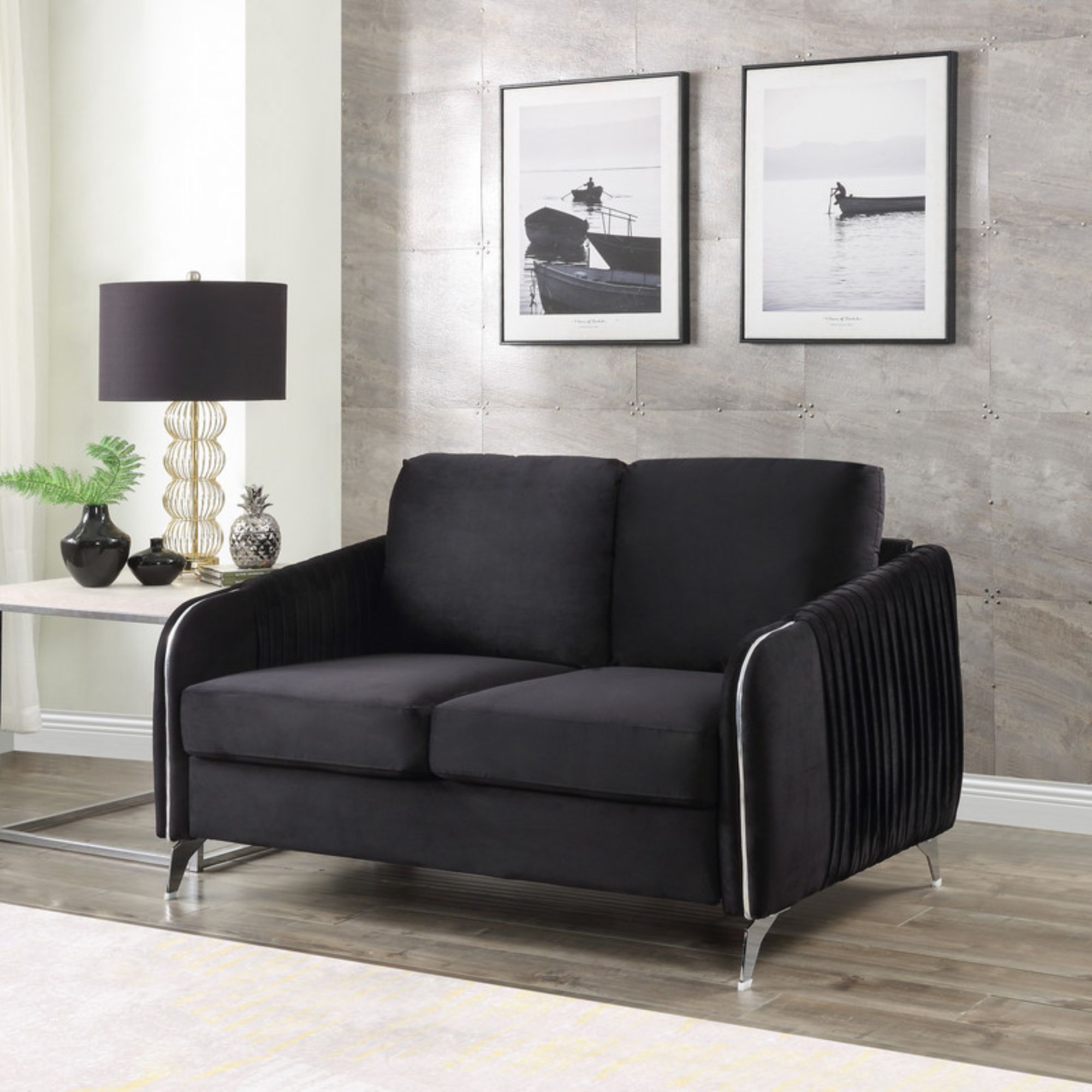 Contemporary Home Living 54" Hathaway Black Velvet Modern Chic Loveseat Couch