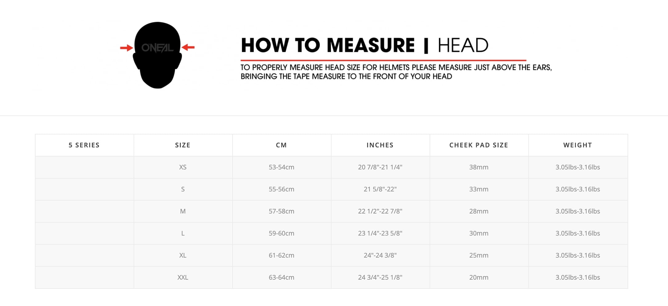 Oneal mx best sale helmet size chart