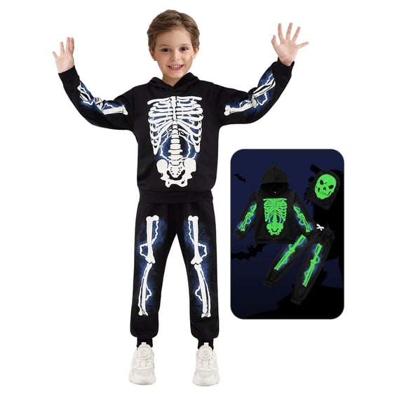 Usaibhir Toddler Boys Halloween Outfit Clothes Little Kids Skeleton Hoodie Pants Set Black Long Sleeve Clothing Set with Mask 2-6T