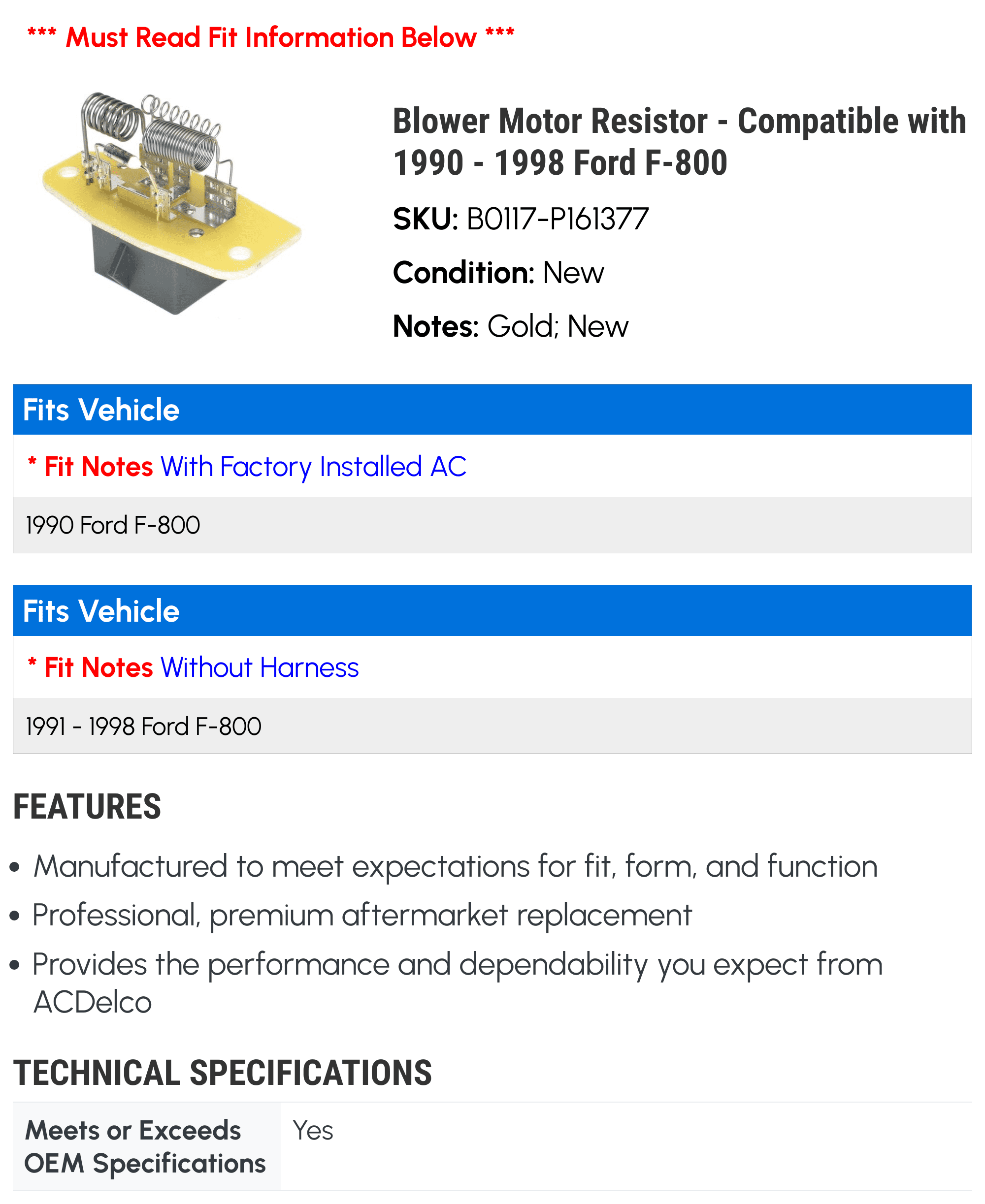 Blower Motor Resistor - Compatible with 1990 - 1998 Ford F-800 1991 1992 1993 1994 1995 1996 1997