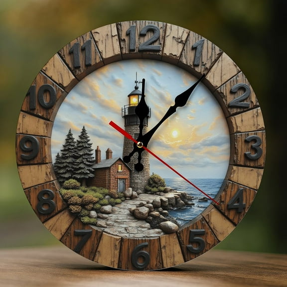 Wall Clock Decorative - Coastal Lighthouse View Print 2D Vintage Wall Clocks Battery Operated Silent Non-Ticking for Bedroom, Living Room, Kitchen, Office, Classroom, 10 Inch