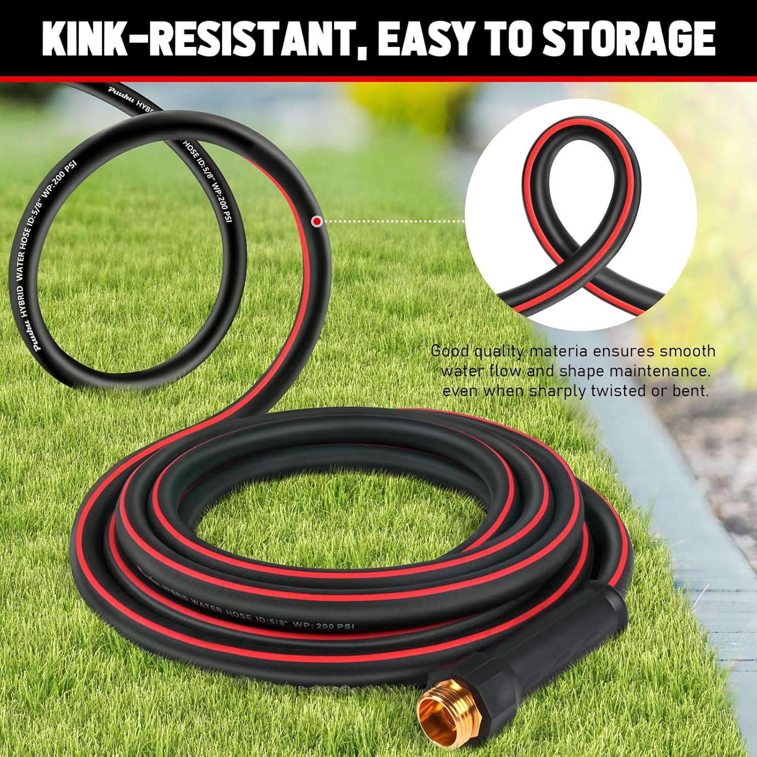 25ft Non-Expandable Heavy Duty Garden Hose, Kink Resistant, Leakproof, Lightweight Hybrid with Male to Female Fittings for Home & Yard