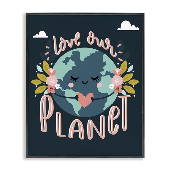 Stupell Industries Eclectic Love Our Planet Floral Cartoon Earth Black Framed Giclee Art, 11 x 14, by Angela Nickeas