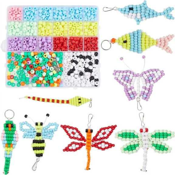 1 Box DIY 8 Sets Animal Pony Beads Kit Pony Beads 8mm Beads Pets Keychain Making Kit Opaque Pony Beads Craft Beads Beading Animals Butterfly Dragonfly Bird Insect Keychains for Adult Craft