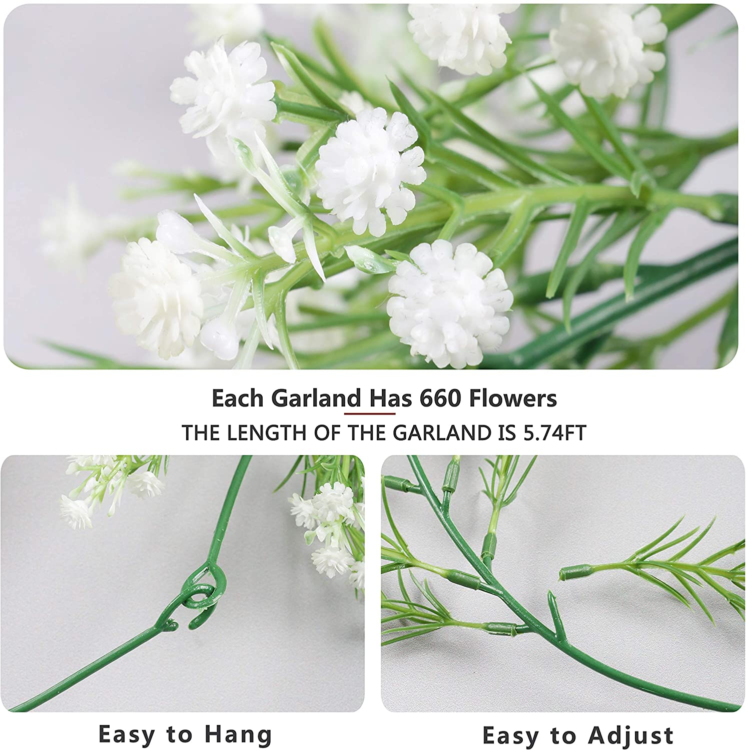 CHIBO 2Pcs 5.8 Ft Artificial Baby Breath Flower Vines Faux Real Touch  Gypsophila Garland for Wedding Home Arch Indoor Outdoor Decorations