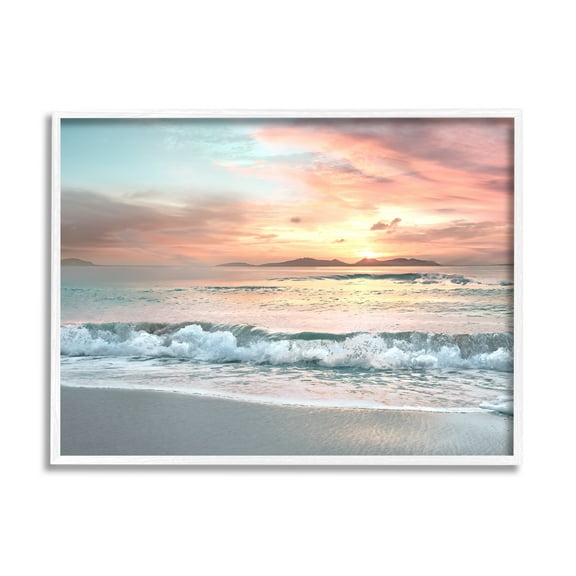 Stupell Indtries Morning Sunrise Beach Landscape Distant Mountains Rolling Tide,20 x 16,Design by Mike Calascibetta