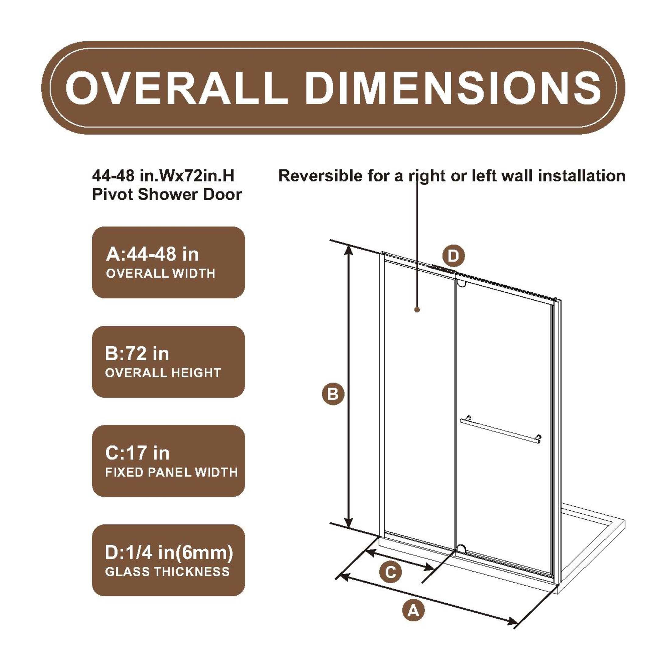 Noble House 48" x 72" Pivot Shower Door, Thick Clear Tempered Glass Swing Door with Stainless Steel Handle, Matt Black