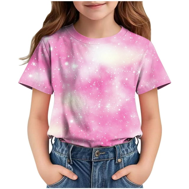 Zpanxa T-Shirts Athlétiques pour Filles Imprimé Étoile Col Rond Manches Courtes Haut Décontracté Polyester Spandex 3 Ans