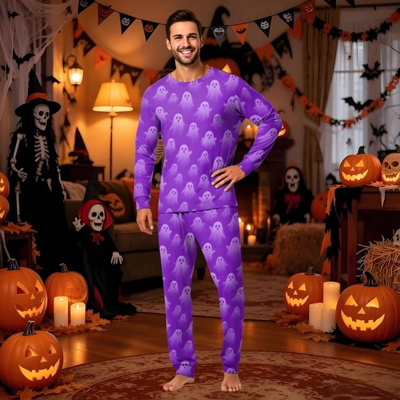 Matching Family Halloween Sleepwear Set Graphic Moon and Potion Print Long Sleeve Top and Pants Holiday Loungewear