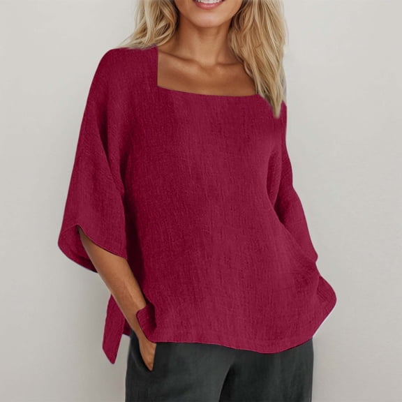 Letdown Women's Loose Fit Square Neck Short Sleeve Blouse, Solid Color Casual Summer Vacation Top (RD1,S)