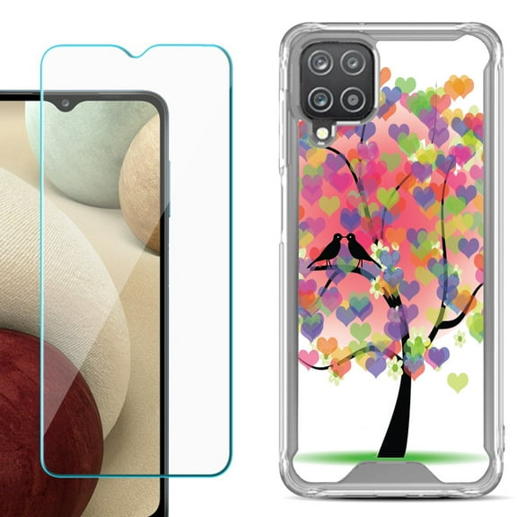 Shockproof Bumper Phone Case for Samsung Galaxy A12, with Tempered Glass Screen Protector, by OneToughShield ® - Color Hearts Tree
