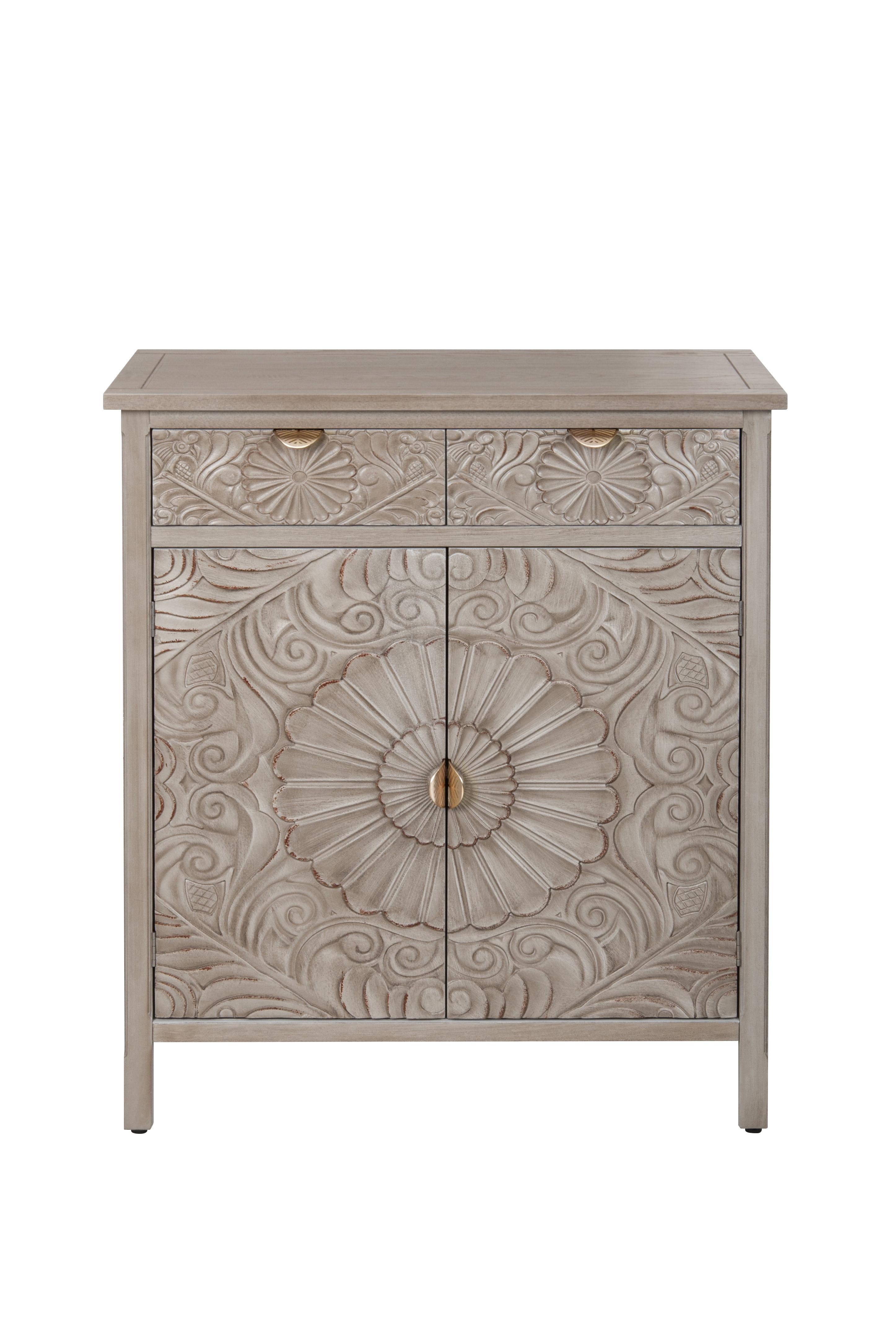 Hand-Carved Floral Embossed Wooden Accent Cabinet with Drawer & Double Doors, Golden Leaf Hollow Handles, Anti-Tip & Non-Slip Design, Storage Sideboard for Entryway Living Room
