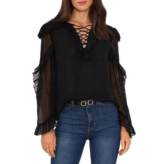 Vince Camuto Womens Ruffled Lace-Up Shirt Blouse Top Black XS B4HP