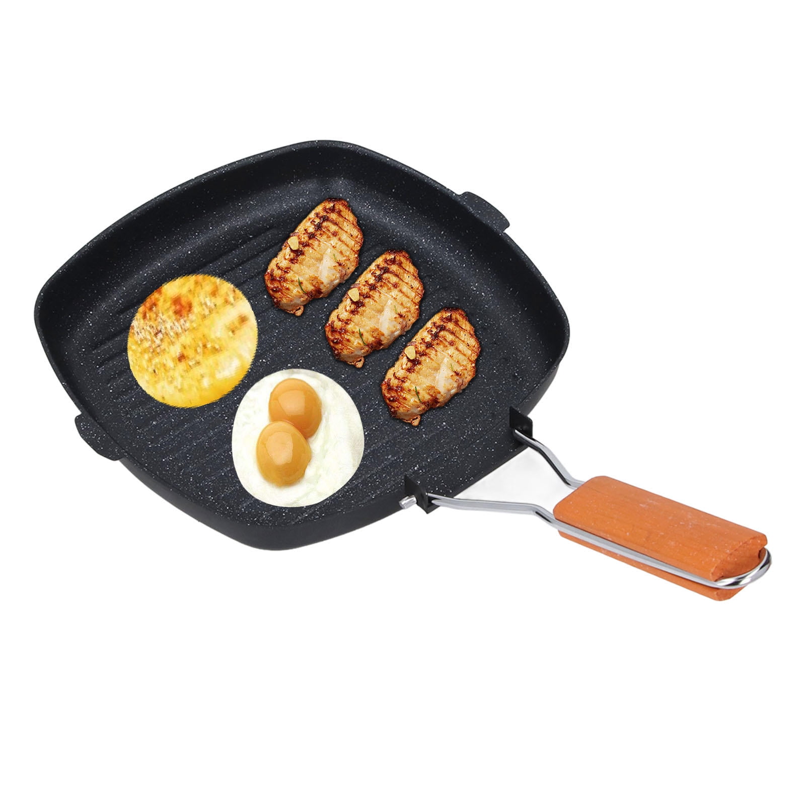BIMZUC Maifan Stone Non‑Stick Grilling Pan – 10.6” Square, Ribbed Design, Foldable Wooden Handle, Flat Base, Gas & Induction Compatible