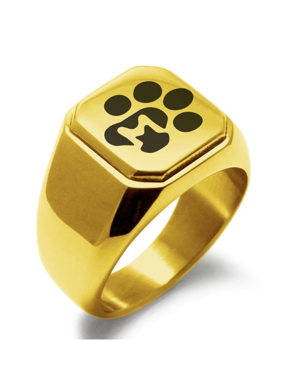 Stainless Steel Letter M Initial Cat Dog Paws Monogram Engraved Engraved Square Flat Top Biker Style Polished Signet Ring